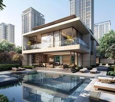 AI Generated 3D visualization of an elite house with a swimming pool. Beautiful facade of the house with a porcelain stoneware finish. Plot with landscaping photo