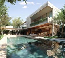 AI Generated 3D visualization of an elite house with a swimming pool. Beautiful facade of the house with a porcelain stoneware finish. Plot with landscaping photo