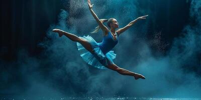 ai generado retrato de un joven bailarina en pointe Zapatos en un blanco tutu en contra antecedentes de brillante neón luces. un joven agraciado ballet bailarín en agraciado pose. silueta. ballet colegio póster. foto