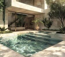 AI Generated 3D visualization of an elite house with a swimming pool. Beautiful facade of the house with a porcelain stoneware finish. Plot with landscaping photo