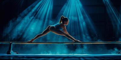 AI Generated The beautiful little girl is engaged in sports gymnastics at gym. The performance, sport, acrobat, acrobatic, exercise, training concept photo