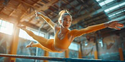 ai generado el hermosa pequeño niña es comprometido en Deportes gimnasia a gimnasia. el actuación, deporte, acróbata, acrobático, ejercicio, formación concepto foto