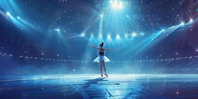 AI Generated Theatrical performance. Beautiful, tender, graceful ballerina dancing against dark blue background with spotlight. Concept of art, classical ballet, creativity, choreography, beauty, ad photo