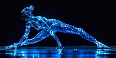 ai generado joven hermosa hembra deportivo bailarín en negro medias ejecutando moderno estilo ballet haciendo acrobático elementos hembra ballet bailarín en Arte actuación en frente de antecedentes foto