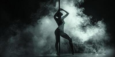 AI Generated Young slim pole dance woman in dance studio photo