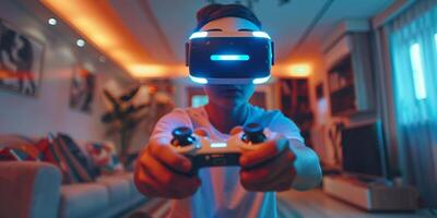 AI Generated Young caucasian man streamer playing video game using virtual reality glasses and joystick at gaming room photo
