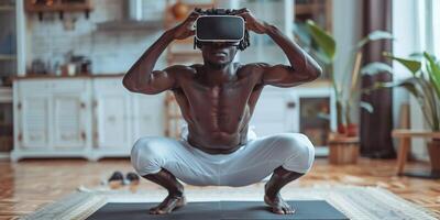 AI Generated young man does sports exercises in virtual glasses photo