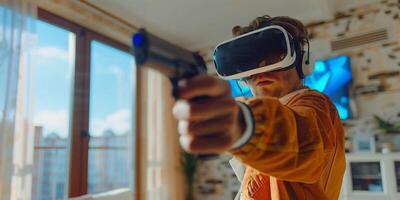 AI Generated Young caucasian man streamer playing video game using virtual reality glasses and joystick at gaming room photo