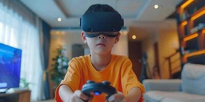 AI Generated Young guy playing augmented reality games, testing VR goggles and wireless controllers. Gamer sitting on mild carpet and spending leisure time at home photo