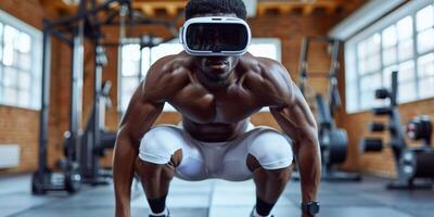 AI Generated  man in virtual reality headset exercising in gym photo