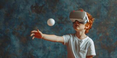 AI Generated Little redhead boy dressed in a white t-shirt playing ping-pong with a virtual reality glasses. Isolated on dark textured background. photo