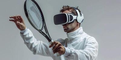 AI Generated Man with beard in VR glasses, grey background. Hipster on concentrated face use modern technology for sport games. Virtual tennis concept. Guy with VR glasses play tennis with racket and photo