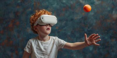 AI Generated Little redhead boy dressed in a white t-shirt playing ping-pong with a virtual reality glasses. Isolated on dark textured background. photo