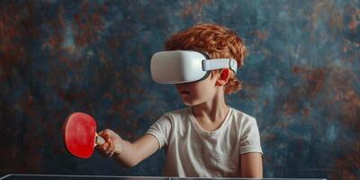AI Generated Little redhead boy dressed in a white t-shirt playing ping-pong with a virtual reality glasses. Isolated on dark textured background. photo