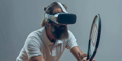 AI Generated Man with beard in VR glasses, grey background. Hipster on concentrated face use modern technology for sport games. Virtual tennis concept. Guy with VR glasses play tennis with racket and photo