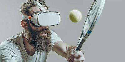 AI Generated Man with beard in VR glasses, grey background. Hipster on concentrated face use modern technology for sport games. Virtual tennis concept. Guy with VR glasses play tennis with racket and photo