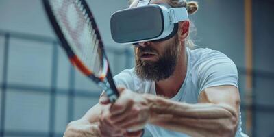 AI Generated Man with beard in VR glasses, grey background. Hipster on concentrated face use modern technology for sport games. Virtual tennis concept. Guy with VR glasses play tennis with racket and photo