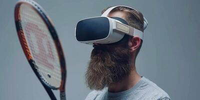 AI Generated Man with beard in VR glasses, grey background. Hipster on concentrated face use modern technology for sport games. Virtual tennis concept. Guy with VR glasses play tennis with racket and photo