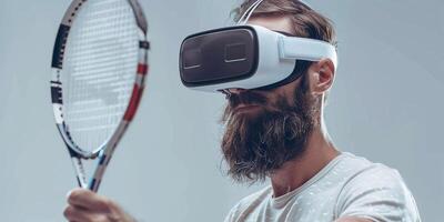 AI Generated Man with beard in VR glasses, grey background. Hipster on concentrated face use modern technology for sport games. Virtual tennis concept. Guy with VR glasses play tennis with racket and photo