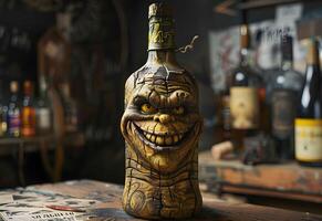 AI Generated wine bottle that looks like a wooden grinch photo