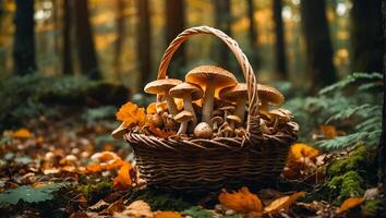 beautiful autumn mushrooms in a basket in the autumn forest close- photo