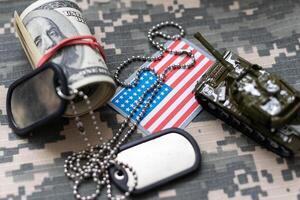 Military ID tags with USA flag on uniform background photo