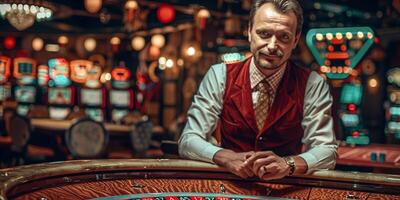 AI Generated Croupier behind gambling table in a casino. photo