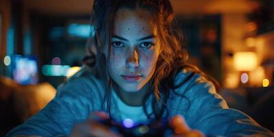 AI Generated Gamepad in the hands of a gamer on a technological background. Neon lighting. Video games online with friends, winnings, prizes, fun entertainment, youth culture, virtual reality. photo
