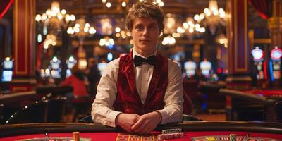AI Generated Croupier behind gambling table in a casino. photo
