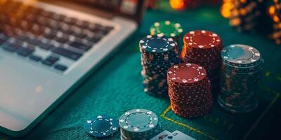 AI Generated On laptop keyboard are colorful casino chips. Online gambling on the internet concept photo