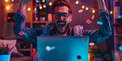 AI Generated Happy young man looking at the computer monitor and gesturing against colorful background photo