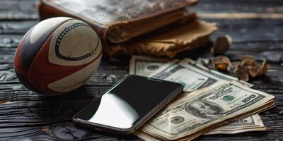 AI Generated close up view of dollar banknotes in baseball glove near toy soccer ball, laptop and basketball ball isolated on white, sports betting concept photo