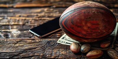 AI Generated close up view of dollar banknotes in baseball glove near toy soccer ball, laptop and basketball ball isolated on white, sports betting concept photo