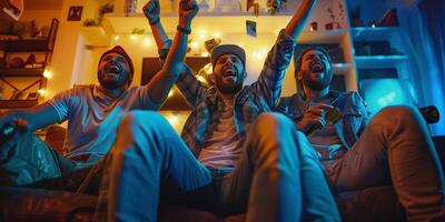 AI Generated Multiethnic men having fun and clinking with beer bottles when celebrating victory of sport team photo