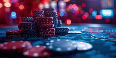 AI Generated Poker chips on table in casino photo