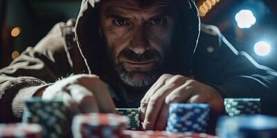 ai generado profesional jugador en un póker club muestra el victorioso combinación tarjetas éxito o fortuna en el casino foto