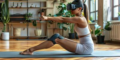 ai generado mujer experimentando virtual realidad formación cuerpo y mente meditando sentado en yoga estera en hogar vivo habitación para calma, sano armonía estilo de vida vestido en ropa deportiva. foto