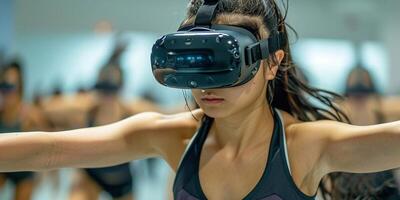 AI Generated  young sporty woman in sports clothing doing squat while wearing virtual reality glasses photo