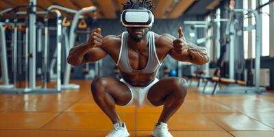 AI Generated  man in virtual reality headset exercising in gym photo