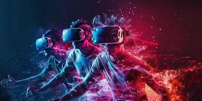 AI Generated Gamers with virtual reality headsets and gamepads. Concept of virtual reality, games, entertainment and communication photo