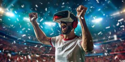 AI Generated Portrait of a happy adult man in virtual reality glasses, with his mouth slightly open, raising his hand up. The football field in the background is blurred. The concept of virtual photo