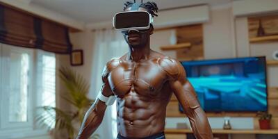 AI Generated young man does sports exercises in virtual glasses photo