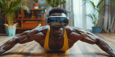 AI Generated young man does sports exercises in virtual glasses photo