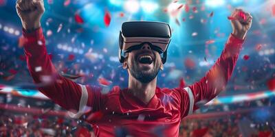 AI Generated Portrait of a happy adult man in virtual reality glasses, with his mouth slightly open, raising his hand up. The football field in the background is blurred. The concept of virtual photo