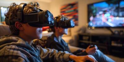 ai generado joven amigos jugando vídeo juegos vistiendo virtual realidad lentes en su Departamento foto