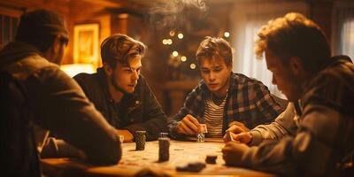 ai generado grupo de elegante joven personas ese jugando póker en casino juntos. foto