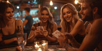 AI Generated  Group of elegant young people that playing poker in casino together. photo