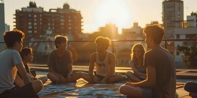 AI Generated Group of young people sitting on a picnic blanket, having fun while playing cards on the rooftop. Focus on the girl in the middle photo