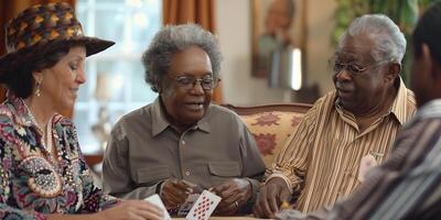 AI Generated Senior man, friends and laughing for card games on wooden table in fun activity, social bonding or gathering. Group of happy elderly men with cards for poker game enjoying play time photo