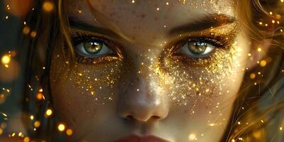 AI Generated Macro and close-up creative make-up theme. beautiful female eye with golden shadows and yellow diamonds, retouched photo